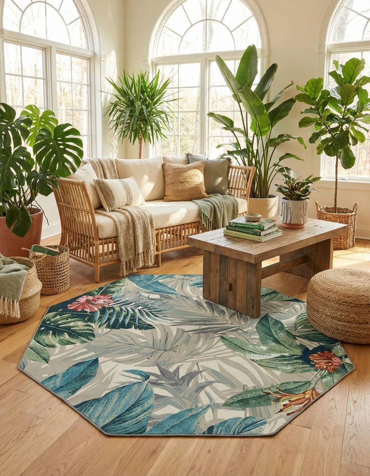 Detail image of 7' x 7'  Washable Botanical Indoor / Outdoor Octagon Rug