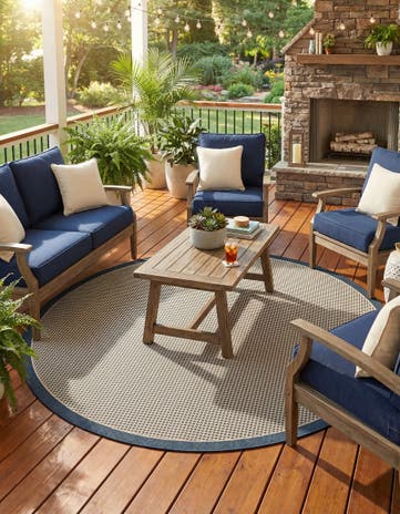 Navy Blue Easy-Clean Border Indoor / Outdoor Round Rug
