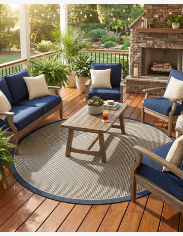 Navy Blue Easy-Clean Border Indoor / Outdoor Round Rug