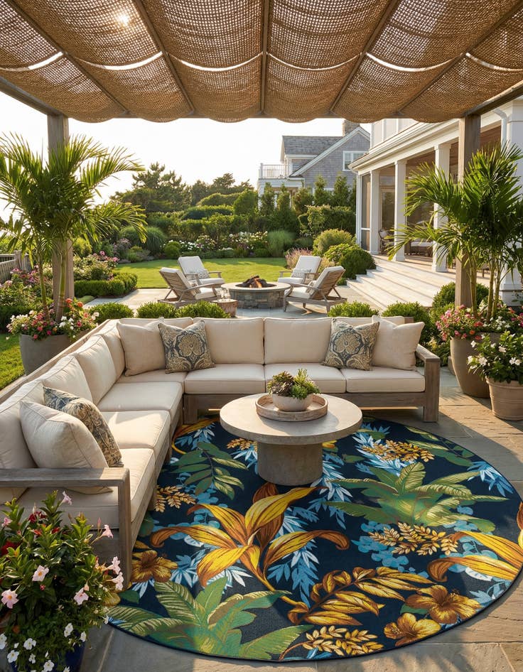 Detail image of 10' x 10'  Washable Botanical Indoor / Outdoor Round Rug
