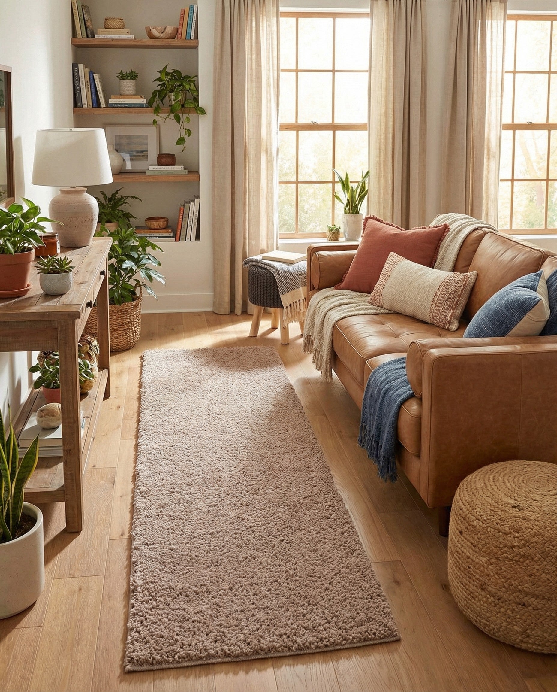 A 10 ft Jill Zarin Shaggy Chic runner rug in a solid brown/tan color with a plush, textured shag pile.