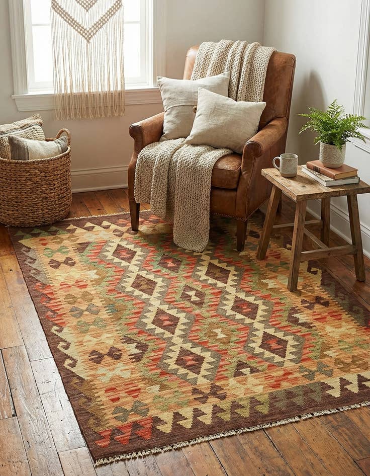 Detail image of 3' 2 x 4' 9  Hand Woven Kilim Maymana Wool Rug