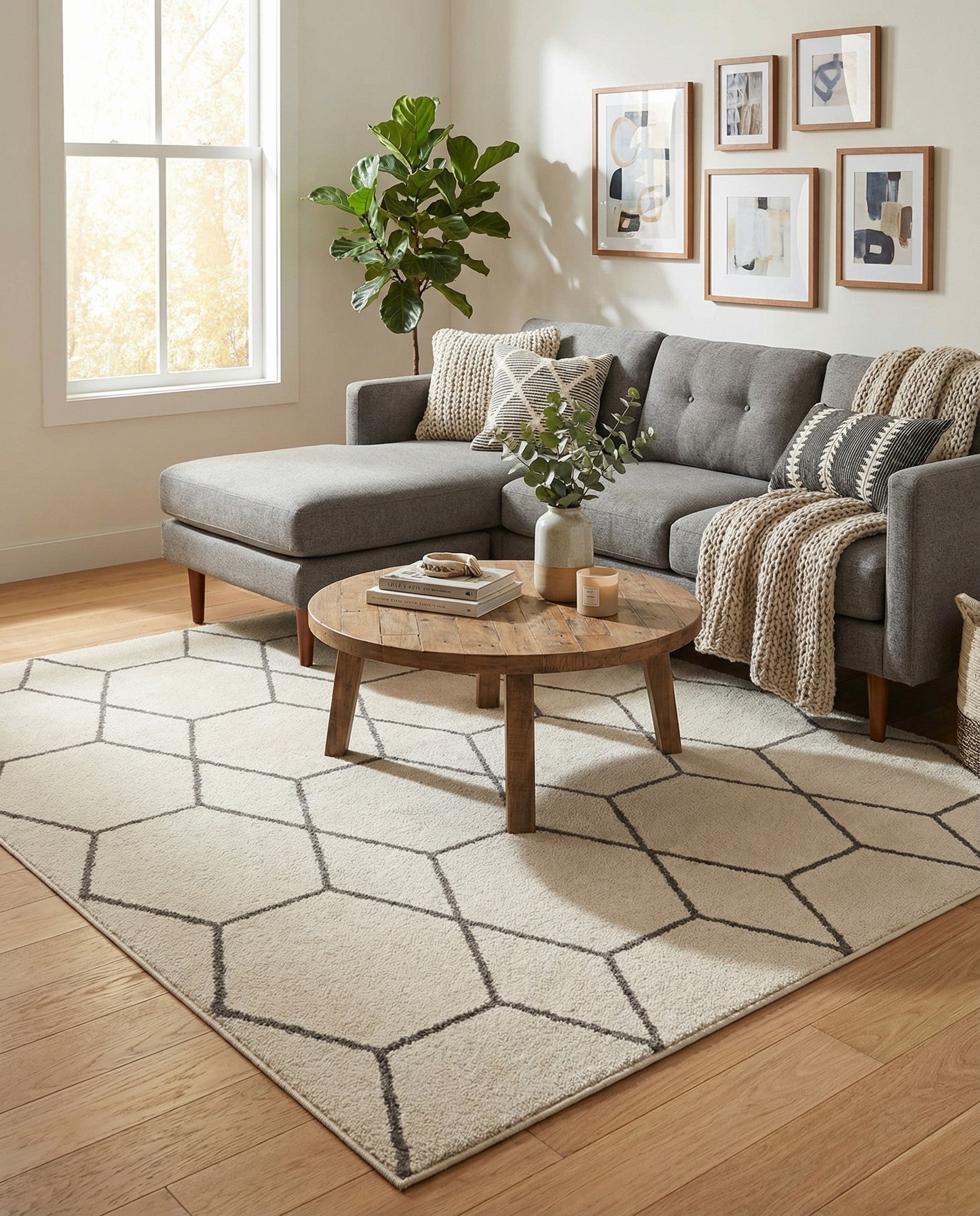 A 6' 0 x 6' 0 square ivory area rug with a modern charcoal gray geometric trellis pattern, suitable for contemporary indoor spaces.
