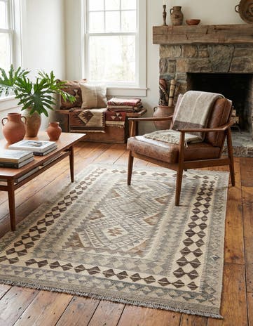 3' 11 x 6' 3 Hand Woven Kilim Maymana Wool Rug