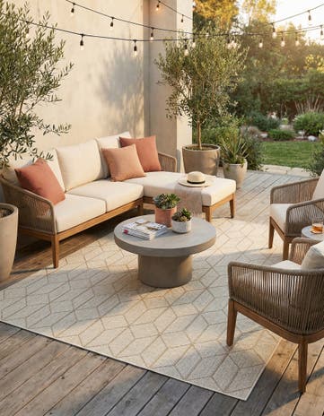 Beige Easy-Clean Lattice Indoor / Outdoor Square Rug