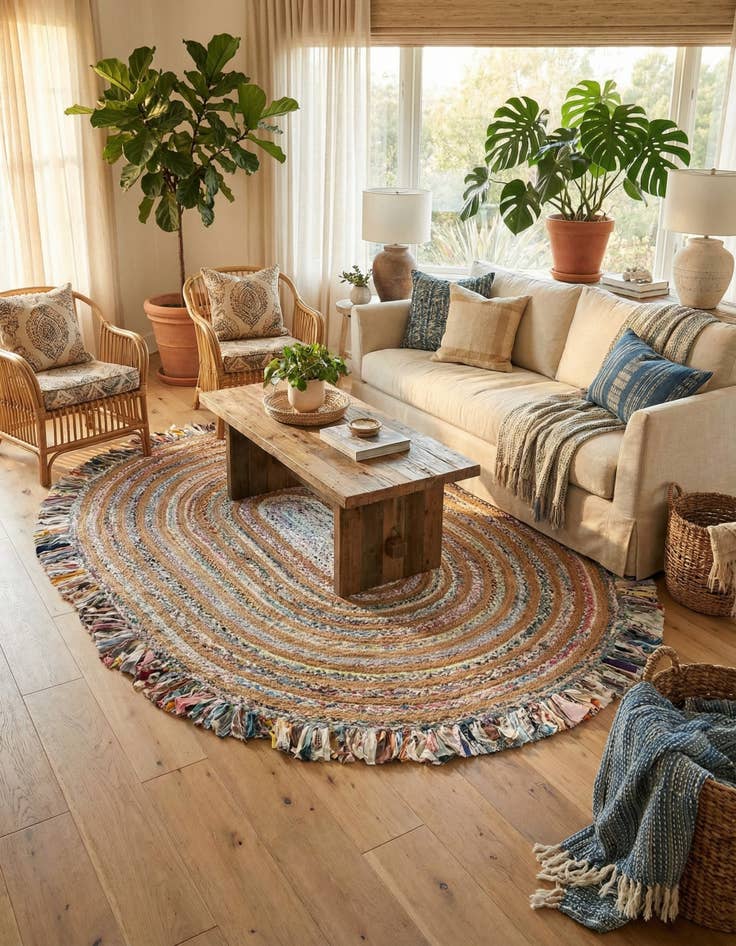 Detail image of 7' 10 x 10'  Hand Braided Chindi Jute Oval Rug