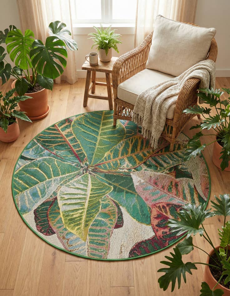 Detail image of  4' x 4'  Washable Botanical Indoor / Outdoor Round Rug