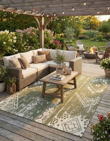 Green Easy-Clean Bohemian Indoor / Outdoor Rug