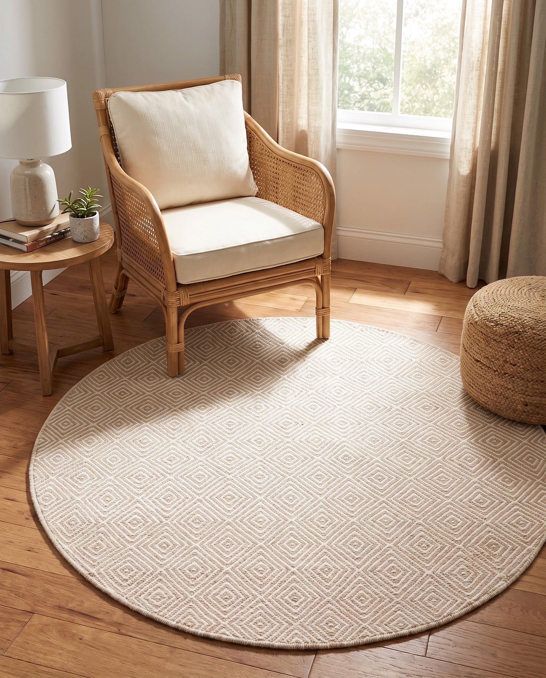 4' 1 x 4' 1 Hand Woven Geo Trellis Flatweave Round Rug