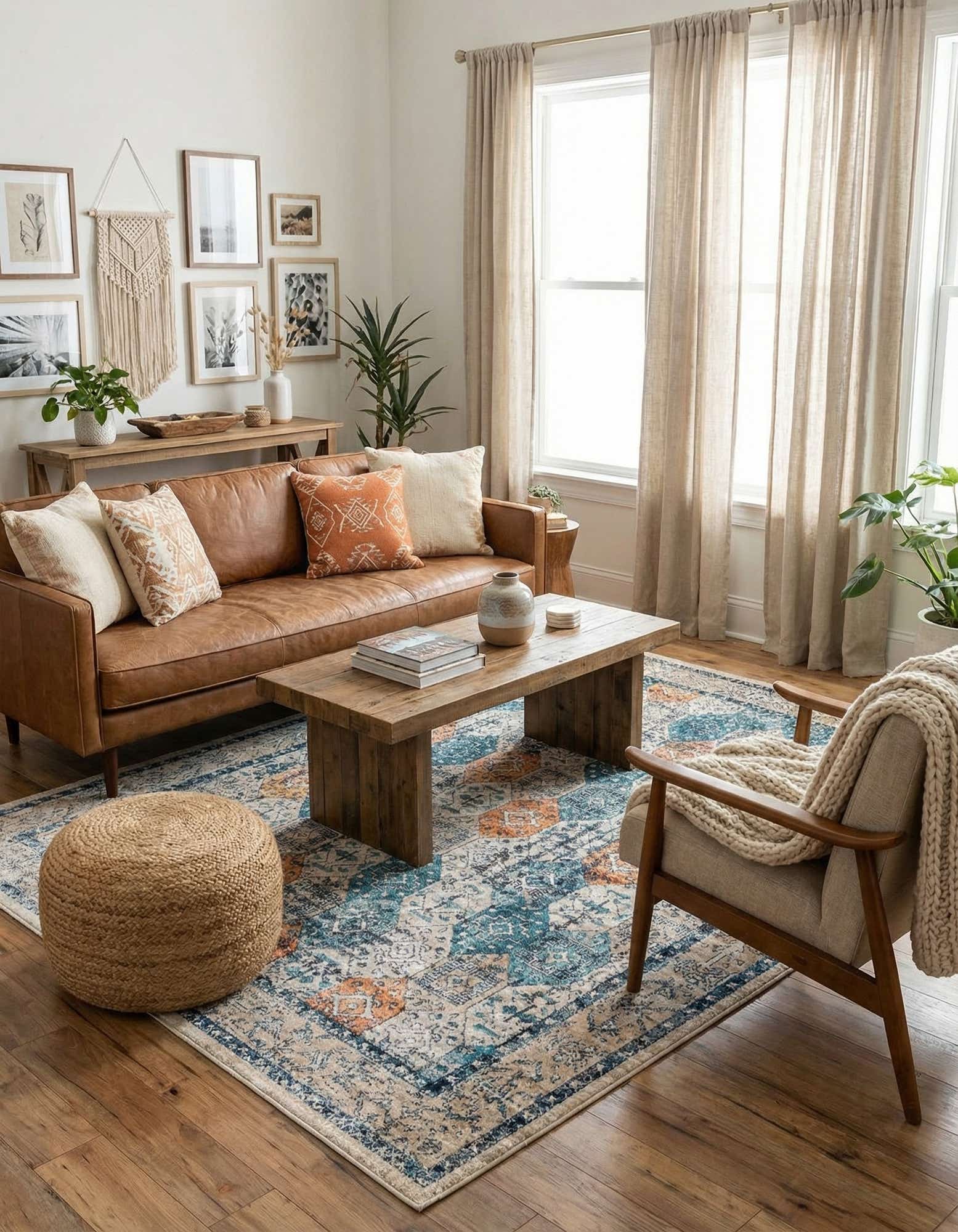 A rectangular 8x10 multi-colored Lola rug featuring a distressed traditional pattern with blue, orange, and beige tones.