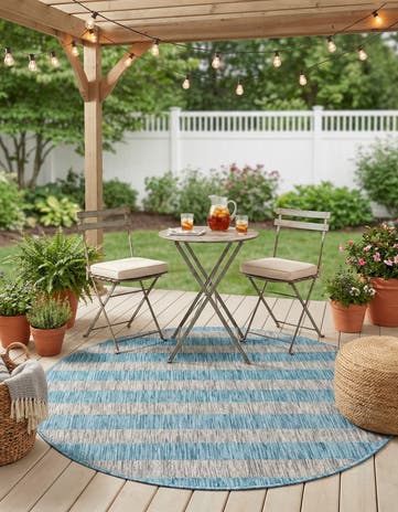 Light Aqua Easy-Clean Ribbon Indoor / Outdoor Round Rug