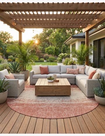 Rust Red Easy-Clean Modern Indoor / Outdoor Round Rug