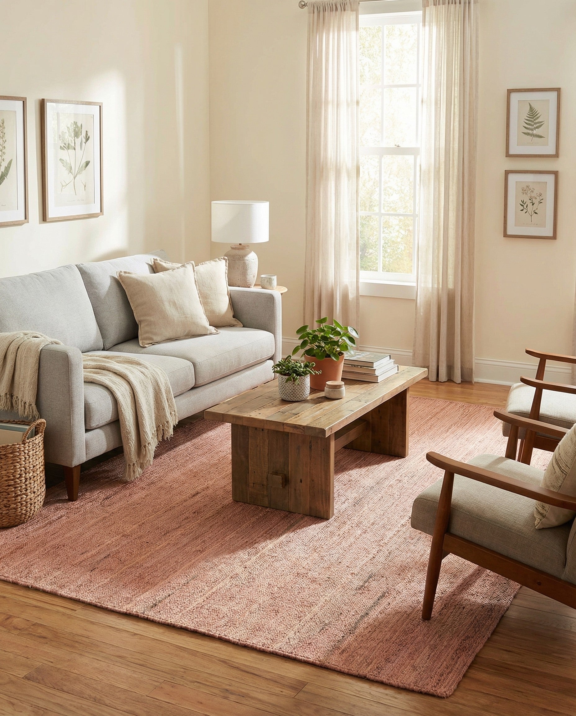 A 9x12 rectangular pink braided jute rug with a textured, minimalist flatweave design, suitable for living rooms.