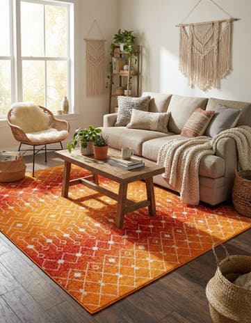 Orange and Red Moroccan Trellis Square Rug
