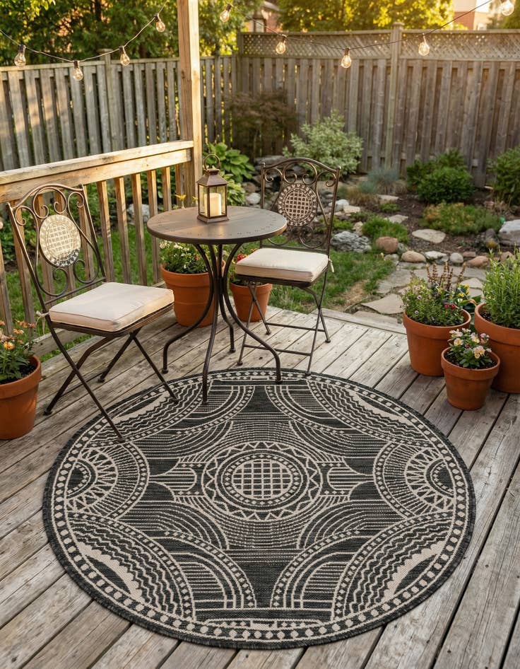 Detail image of 4' 1 x 4' 1 Easy-Clean Traditional Indoor / Outdoor Round Rug