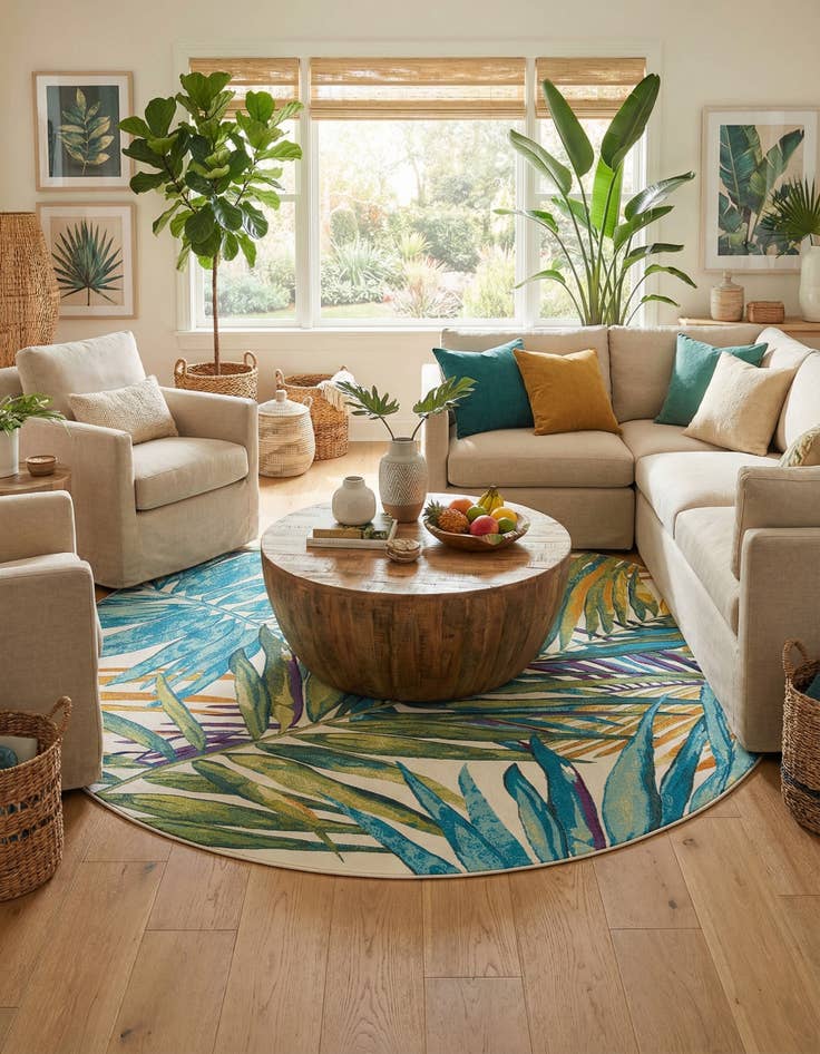 Detail image of 10' x 10' Easy-Clean Botanical Indoor / Outdoor Round Rug