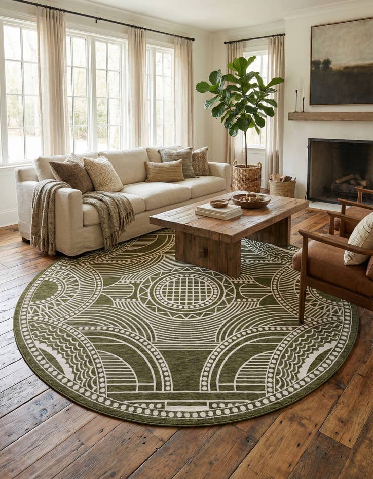 Detail image of 12' x 12'  Washable Traditional Indoor / Outdoor Round Rug
