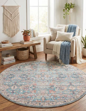 Blue Washable Nostalgia Round Rug