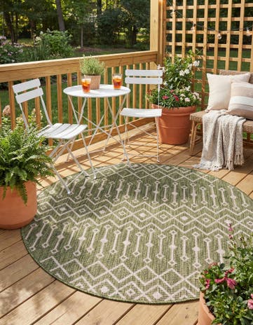 Green Easy-Clean Lattice Indoor / Outdoor Round Rug