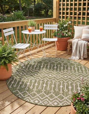 Green Easy-Clean Lattice Indoor / Outdoor Round Rug