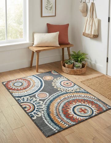 Black Easy-Clean Botanical Indoor / Outdoor Rug