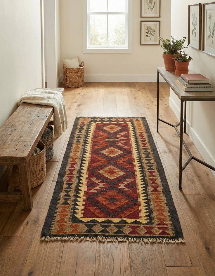 Detail image of 3' 2 x 6' 4  Hand Woven Kilim Maymana Wool Runner Rug