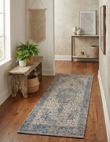 Blue Hand Woven Chenille Jute Runner Rug