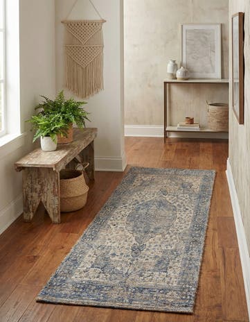 Blue Hand Woven Chenille Jute Runner Rug