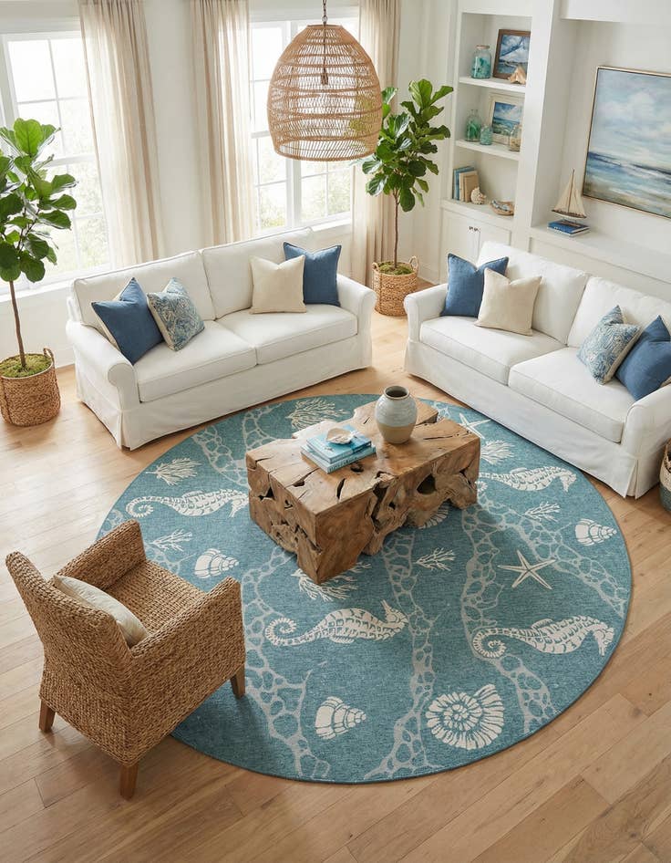 Detail image of 13' x 13'  Washable Coastal Indoor / Outdoor Round Rug