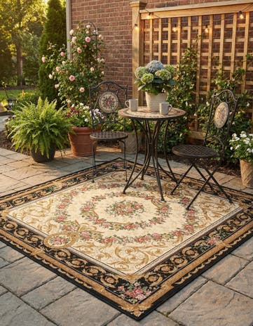Black and Ivory Easy-Clean Traditional Indoor / Outdoor Square Rug