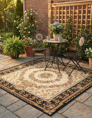 Black and Ivory Easy-Clean Traditional Indoor / Outdoor Square Rug