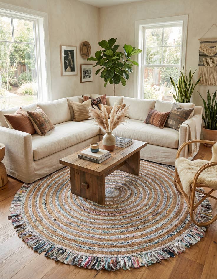 Detail image of 10' x 10'  Hand Braided Chindi Jute Round Rug