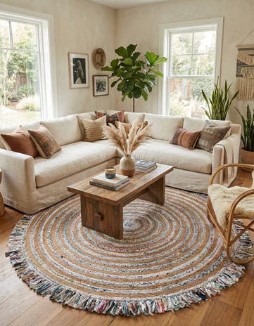 Multi White Hand Braided Chindi Jute Round Rug