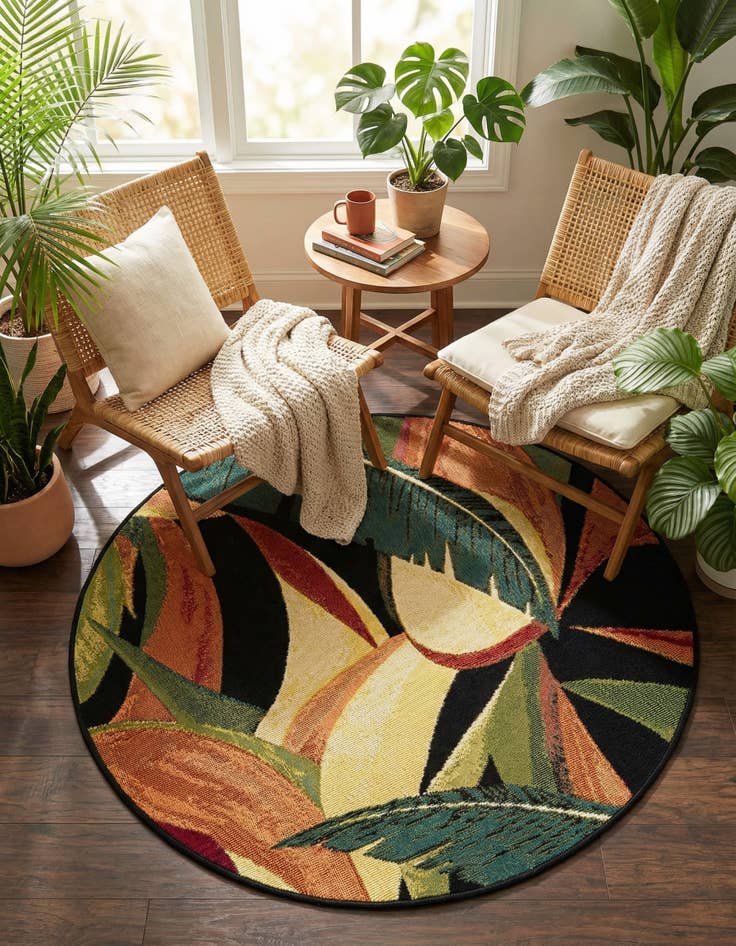 Detail image of 3' x 3'  Washable Botanical Indoor / Outdoor Round Rug