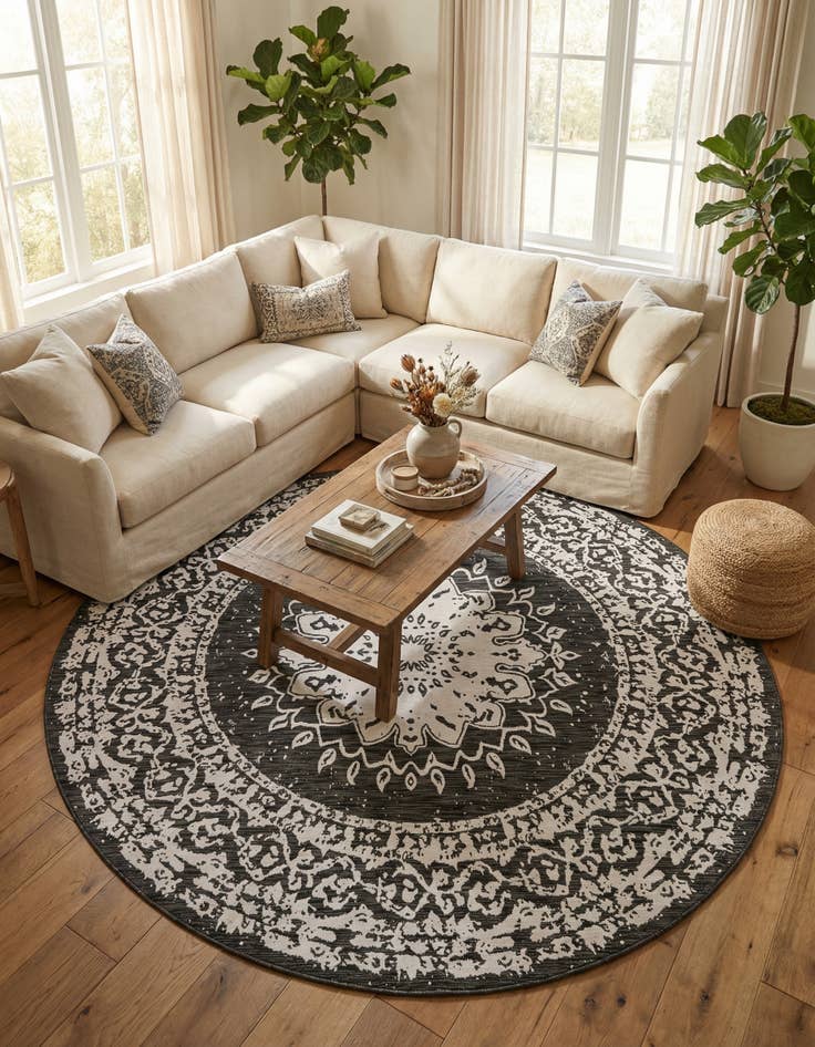 Detail image of 10' x 10' Easy-Clean Traditional Indoor / Outdoor Round Rug