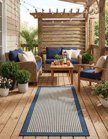 Navy Blue Easy-Clean Border Indoor / Outdoor Runner Rug
