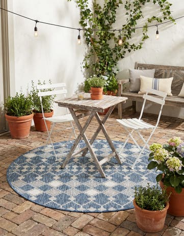 Blue Easy-Clean Lattice Indoor / Outdoor Round Rug