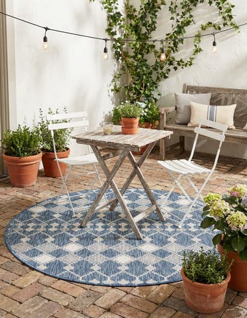 Blue Easy-Clean Lattice Indoor / Outdoor Round Rug