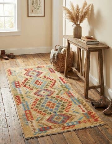 3' 5 x 6' 9 Hand Woven Kilim Maymana Wool Runner Rug