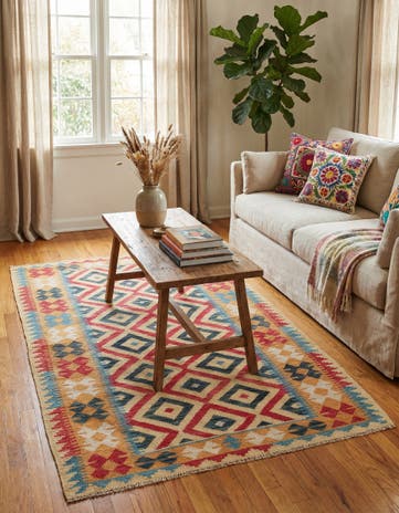 3' 6 x 6' 3 Hand Woven Kilim Maymana Wool Rug