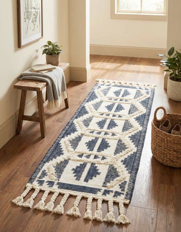 Navy Blue and White Hand Woven Arizona Wool Runner Rug