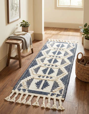 Navy Blue and White Hand Woven Arizona Wool Runner Rug