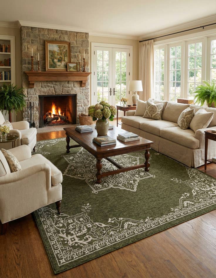 Detail image of  12' x 12'  Washable Traditional Indoor / Outdoor Square Rug