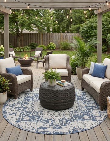 Navy Blue Easy-Clean Traditional Indoor / Outdoor Round Rug