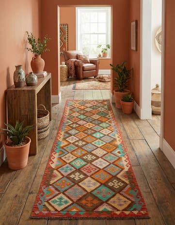 2' 9 x 9' 8 Hand Woven Kilim Maymana Wool Runner Rug