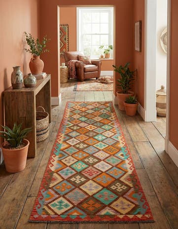 2' 9 x 9' 8 Hand Woven Kilim Maymana Wool Runner Rug