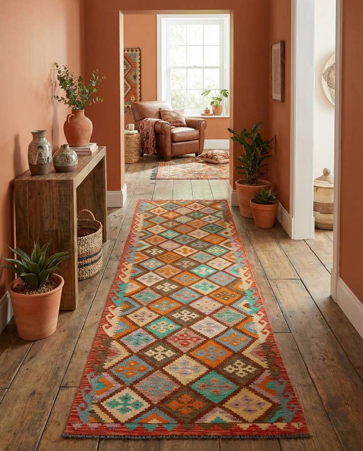 Detail image of 2' 9 x 9' 8 Hand Woven Kilim Maymana Wool Runner Rug