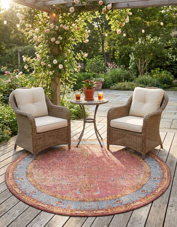 Detail image of 7' 10 x 7' 10  Washable Traditional Indoor / Outdoor Round Rug