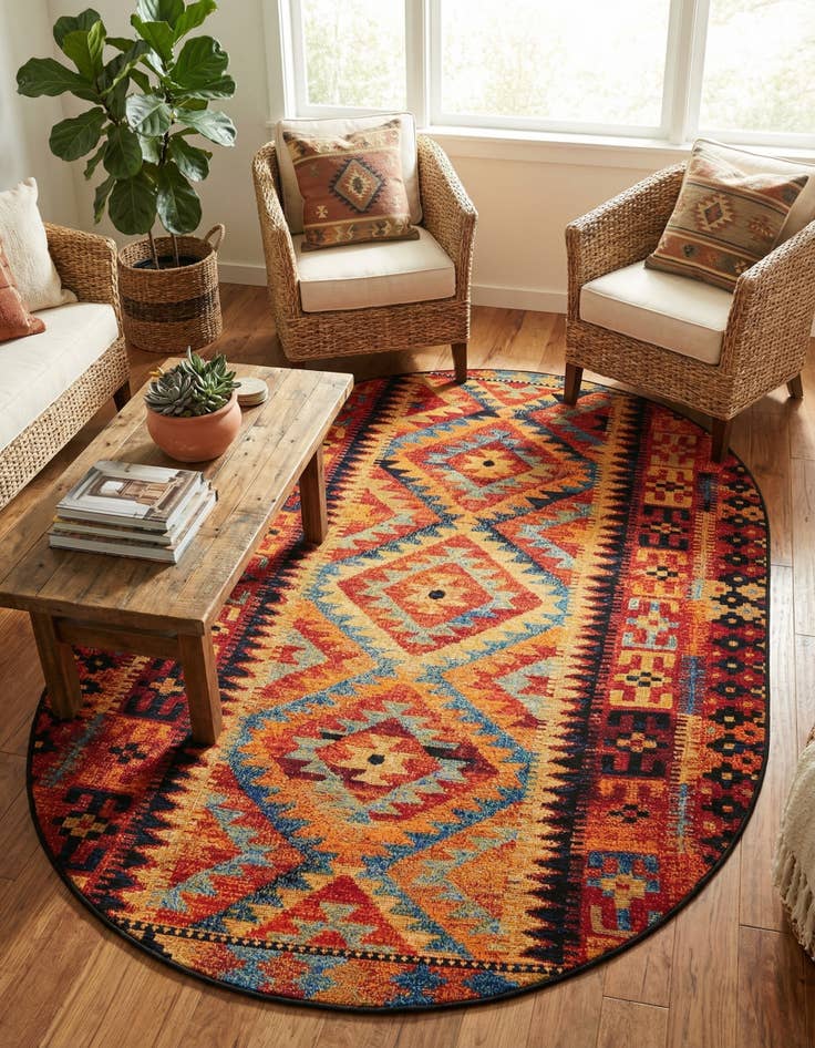 Detail image of 4' x 6' Easy-Clean Tribal Indoor / Outdoor Oval Rug