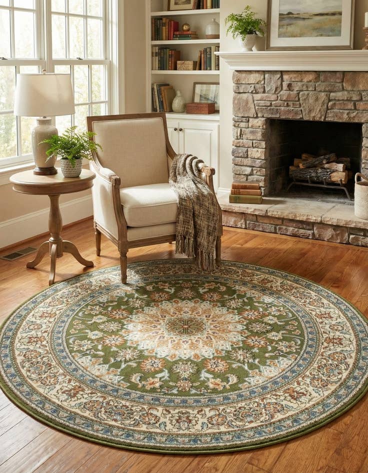 Detail image of 4' 1 x 4' 1  Washable Traditional Indoor / Outdoor Round Rug